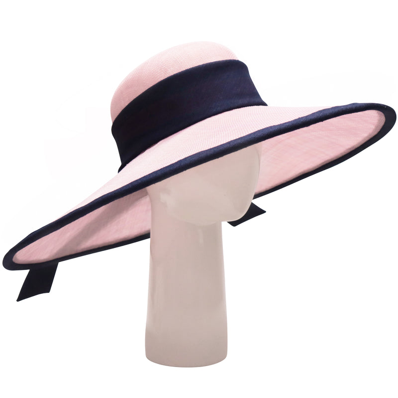 Large Down Brim Hat in Pale Pink with Navy Trim