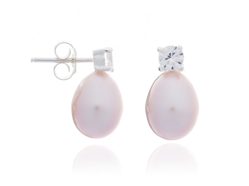 Tear Drop Pearl Studs with Crystal in Pink - Large