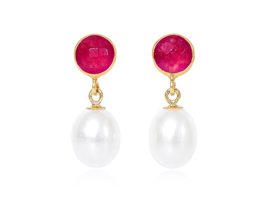 Ruby Quartz and Freshwater Pearl - Drop Earrings