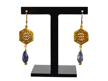 Earrings - Gold Plated Filigree Brass With Iolite
