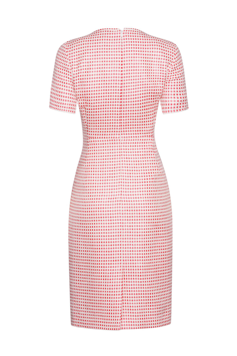 Check Shift Dress in Red and Ivory with Neck and Hem Slits - Eve