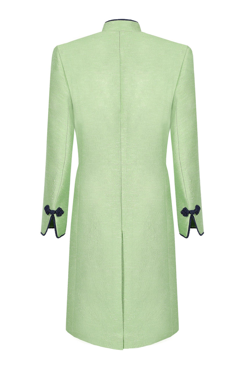 Chartreuse/Navy Dress Coat in Summer Brocade with Cord Trim and Frogging  - Vicky