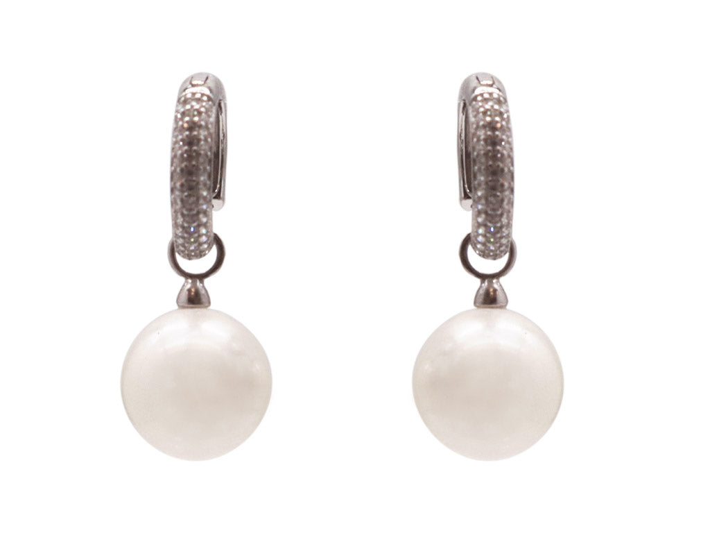 Pavé Hoop ‘Huggie’ Earrings with Mother of Pearl Drops - White