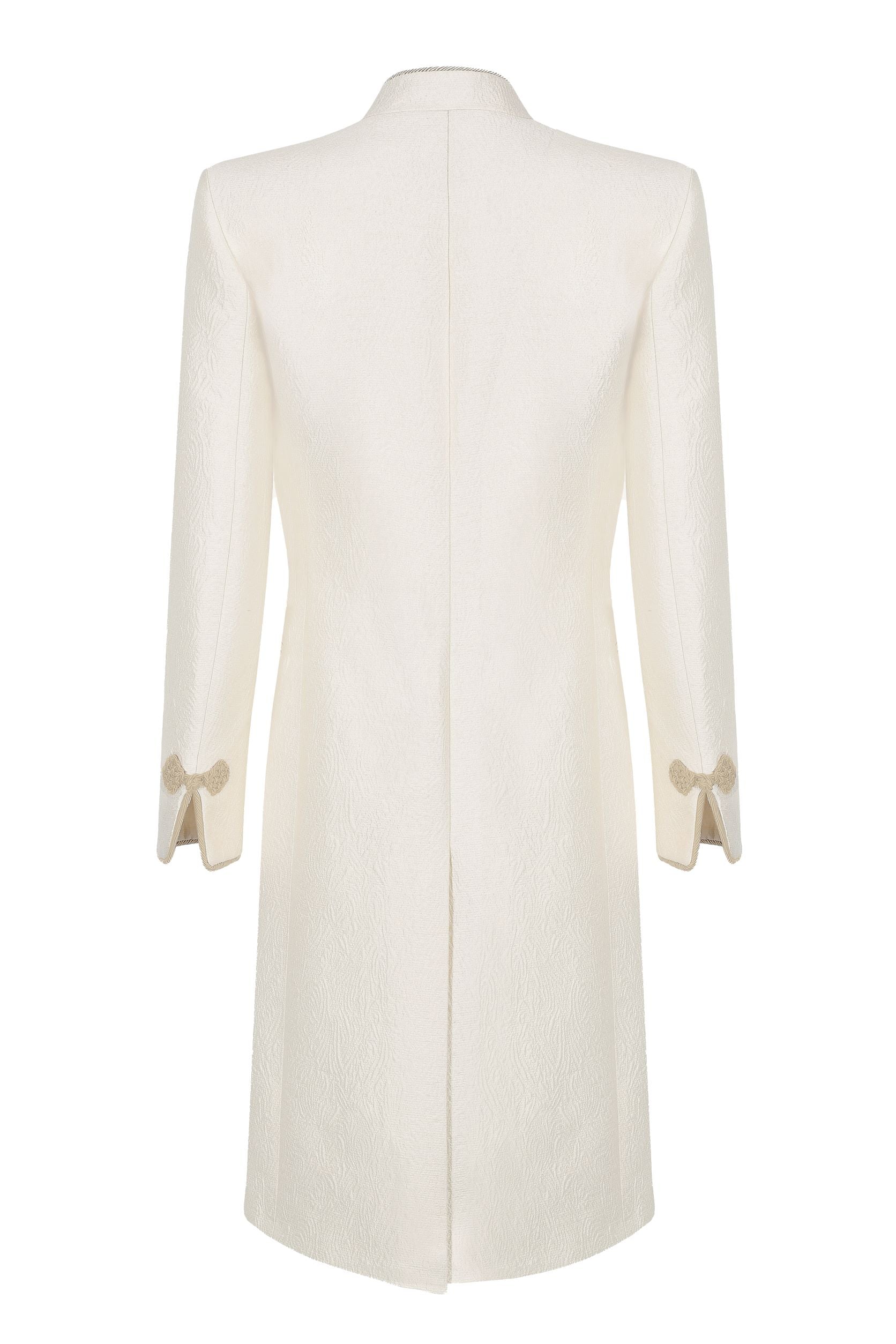 Ivory Dress Coat in Summer Brocade with Cord Trim and Frogging - Vicky