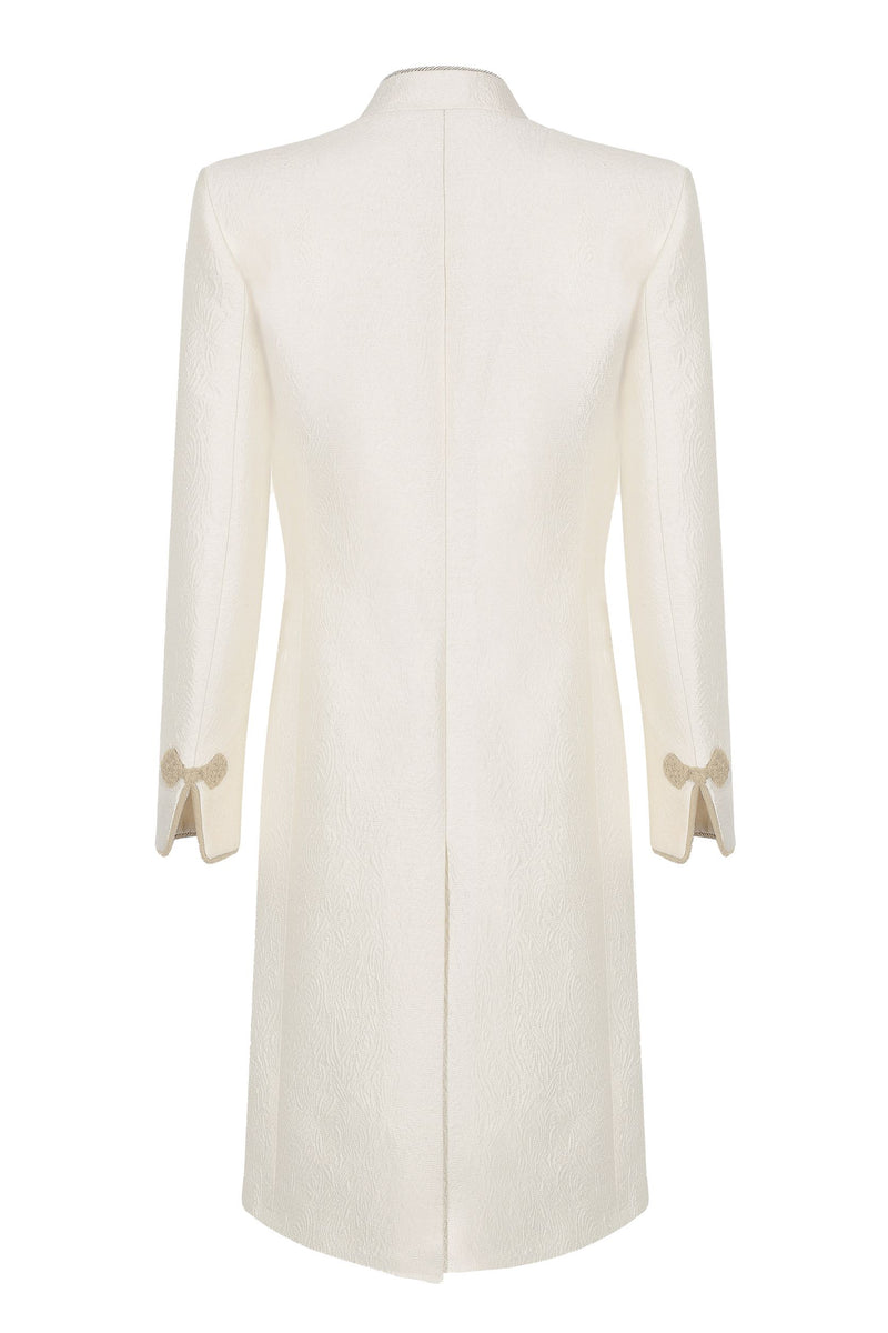 Ivory Dress Coat in Summer Brocade with Cord Trim and Frogging - Vicky