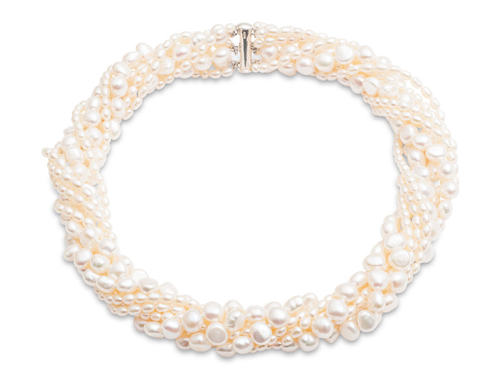 Multi-Strand Potato Pearl Necklace with Sterling Silver Clasp - White
