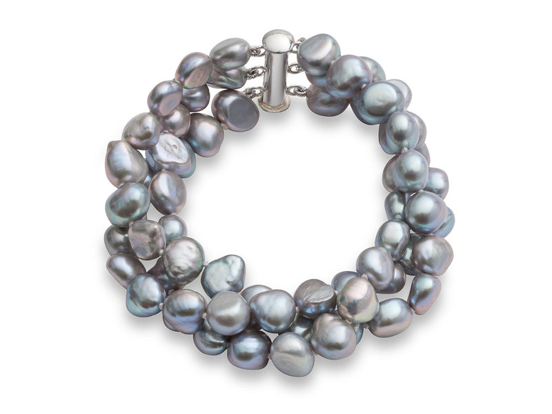 Freshwater Pearl Three Strand Bracelet - Silver/Grey