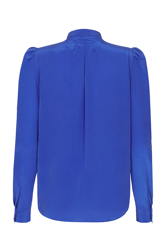 Stand Collar Washed Silk Blouse in Royal Blue - Sonia