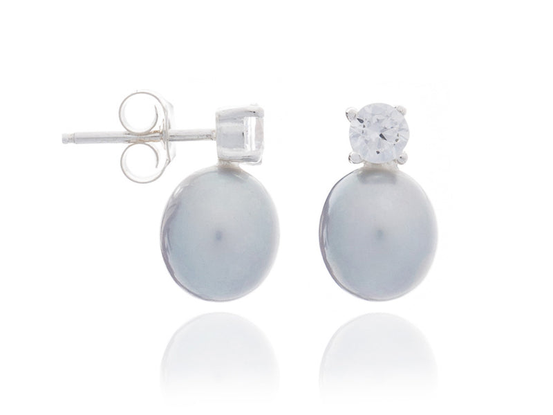 Tear Drop Pearl Studs with Crystal in Silver Grey - Large