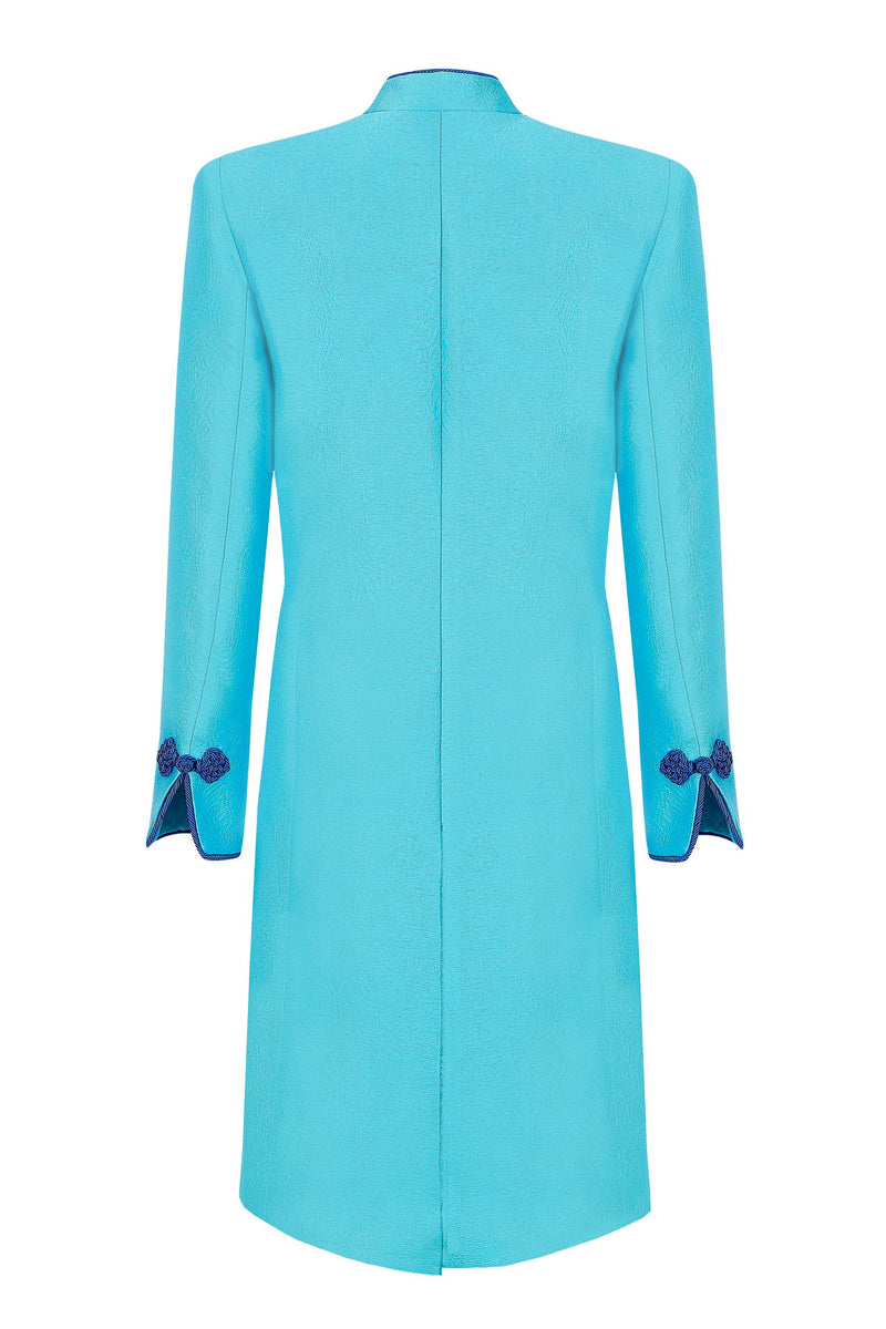 Turquoise Dress Coat in Summer Brocade with Cord Trim and Frogging  - Vicky