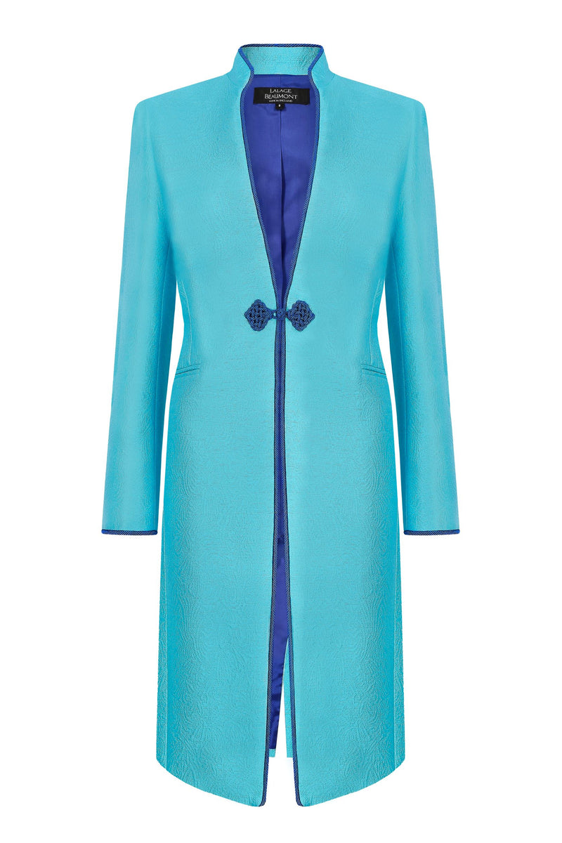 Turquoise Dress Coat in Summer Brocade with Cord Trim and Frogging  - Vicky