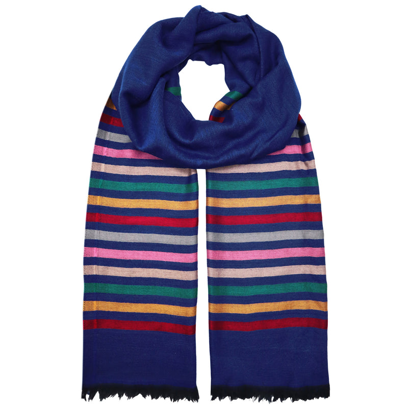 Wool Scarf with Multi Stripes - Blue